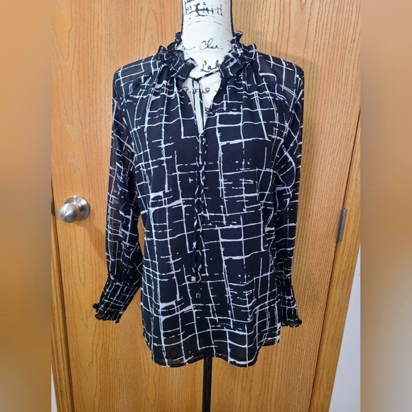 Calvin Klein black and White Grid plaid windowpane print chiffon high neck top - Picture 1 of 2